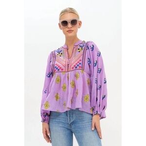 Oliphant Blouse Womens L Floral Mandarin Balloon Sleeve Top Boho